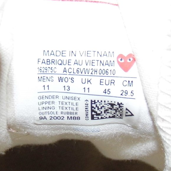 CONVERSE X PLAY Comme des Garçons Chuck 70 OX Multi Heart Sneakers Mens Size 11 - Picture 8 of 8